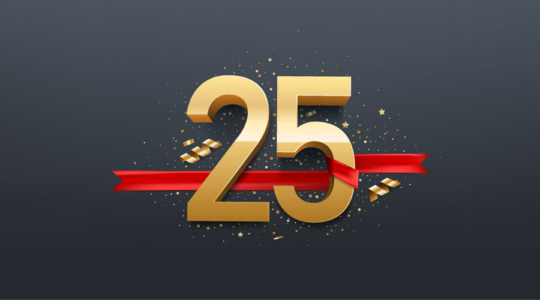 25-jähriges Jubiläum, goldene 25 mit rotem Band auf dunklem Hintergrund