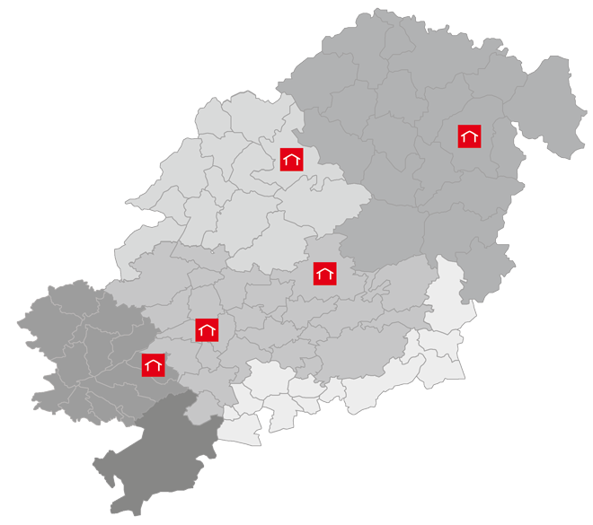 Landkarte des Geschäftsgebiets mit den Geschäftsstellen von Schwendt & Rauschel Immobilien