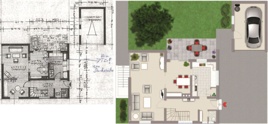 Überarbeitung Grundrisse Überarbeitung Grundrisse | Grundriss mit eingezeichneten Änderungswünschen, illustrierter Grundriss